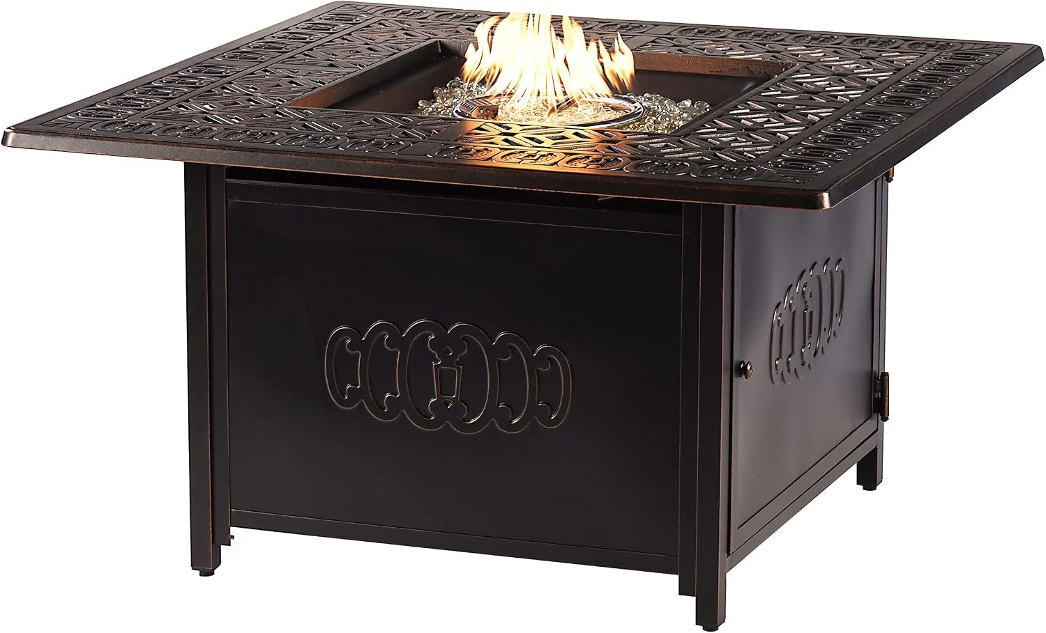 Aluminum 57,0000 BTU 42 In. Square Propane Black Fire Pit Table with Fire Beads, Lid, Propane Tank Cover and Table Fabric Covers in Copper Finish