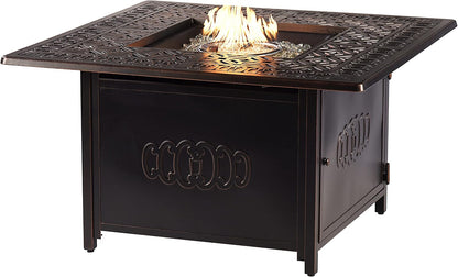Aluminum 57,0000 BTU 42 In. Square Propane Black Fire Pit Table with Fire Beads, Lid, Propane Tank Cover and Table Fabric Covers in Copper Finish