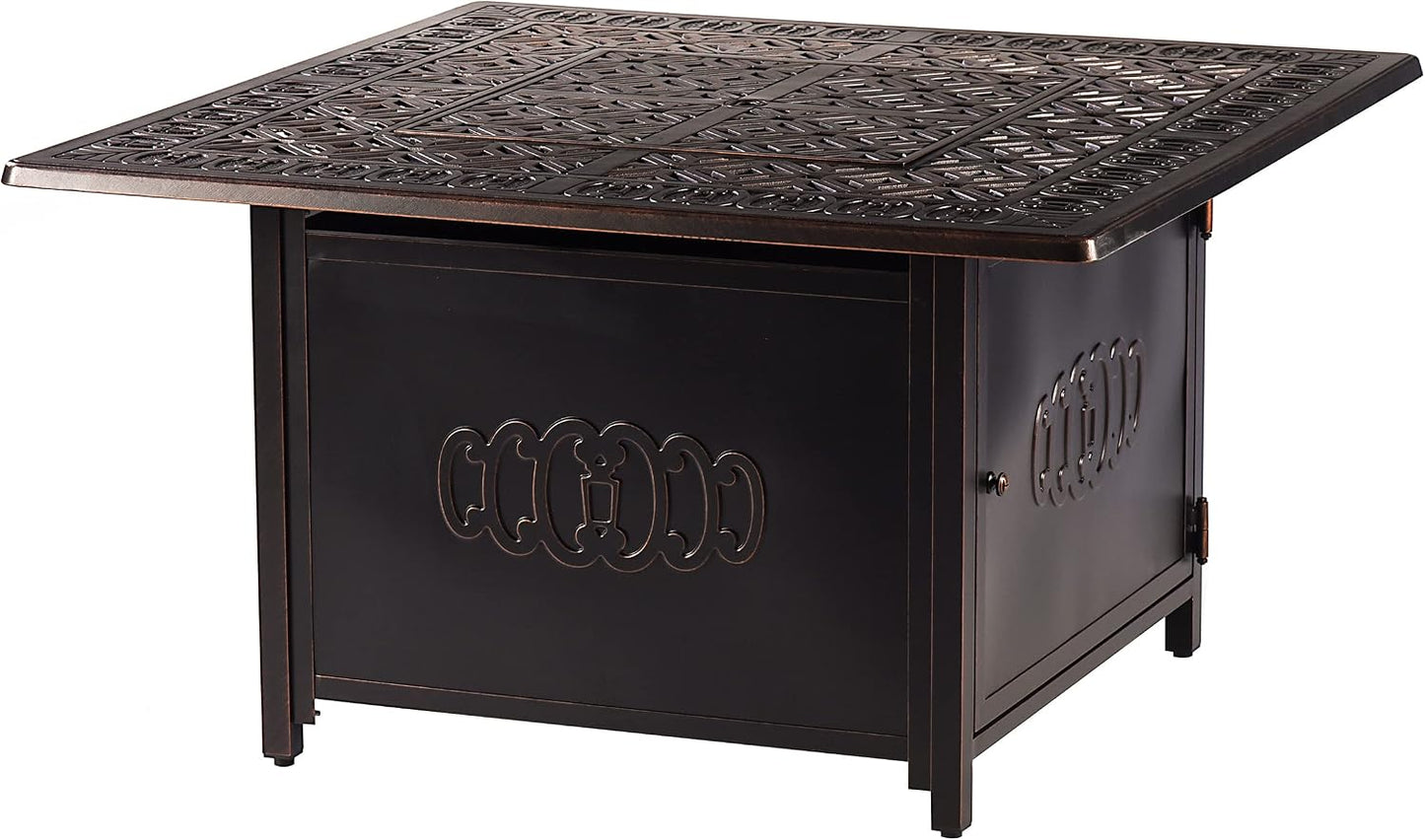 Aluminum 57,0000 BTU 42 In. Square Propane Black Fire Pit Table with Fire Beads, Lid, Propane Tank Cover and Table Fabric Covers in Copper Finish