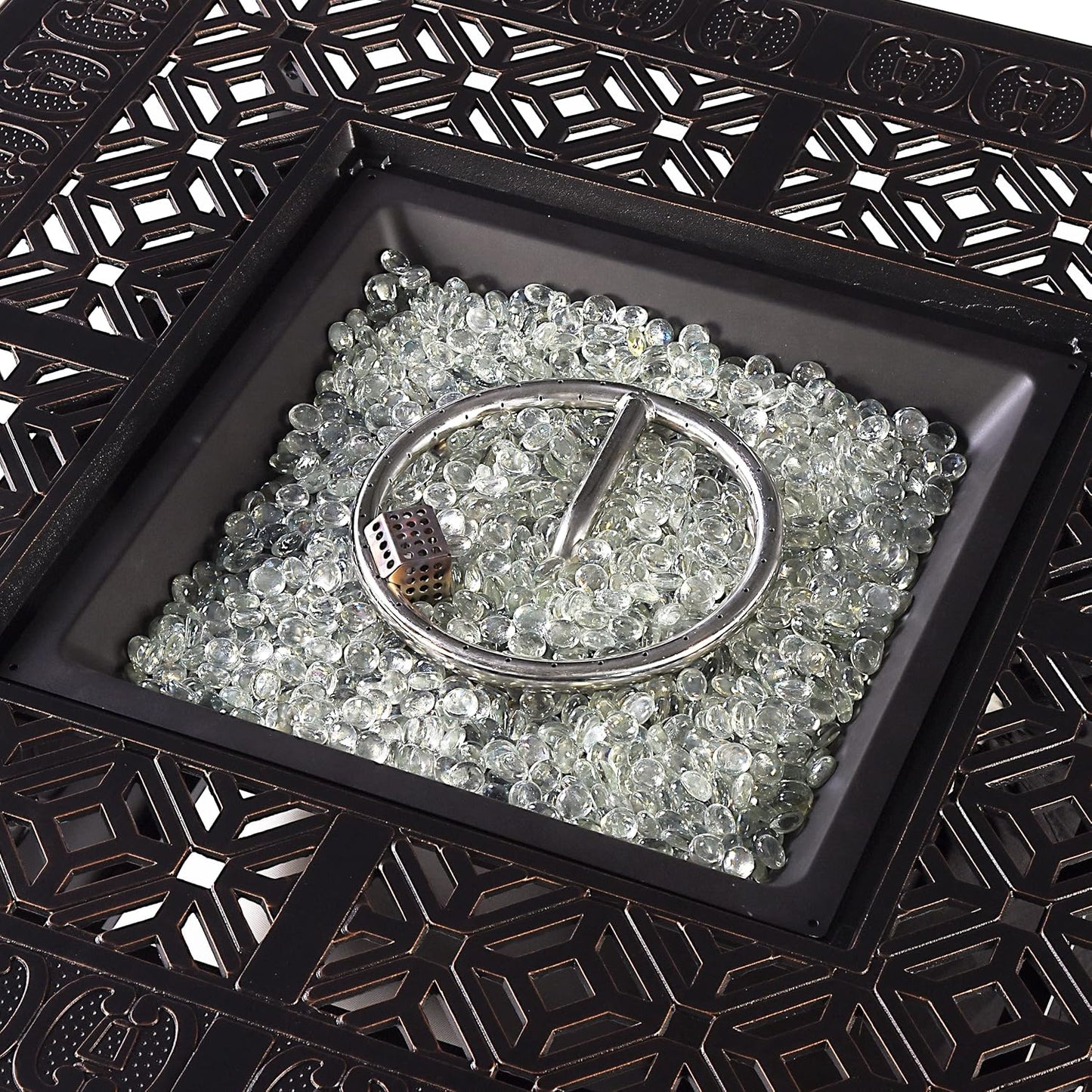 Aluminum 57,0000 BTU 42 In. Square Propane Black Fire Pit Table with Fire Beads, Lid, Propane Tank Cover and Table Fabric Covers in Copper Finish