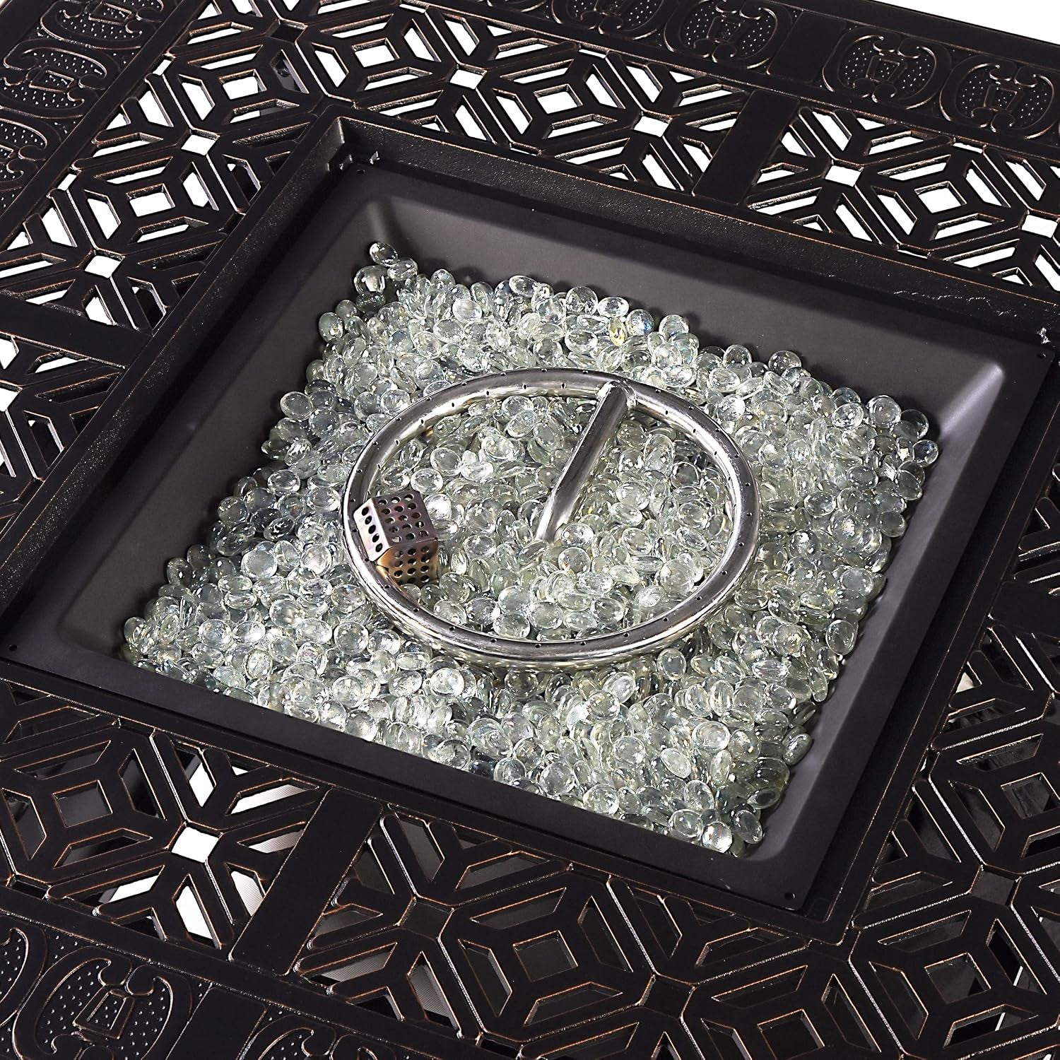 Aluminum 57,0000 BTU 42 In. Square Propane Black Fire Pit Table with Fire Beads, Lid, Propane Tank Cover and Table Fabric Covers in Copper Finish