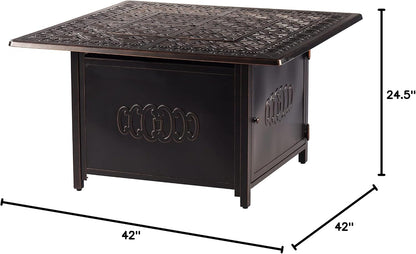 Aluminum 57,0000 BTU 42 In. Square Propane Black Fire Pit Table with Fire Beads, Lid, Propane Tank Cover and Table Fabric Covers in Copper Finish